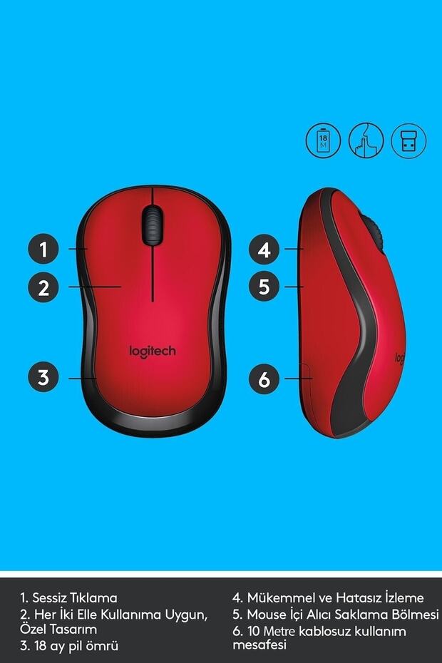 M220 Sessiz Kompakt Kablosuz Mouse  Kırmızı - 8