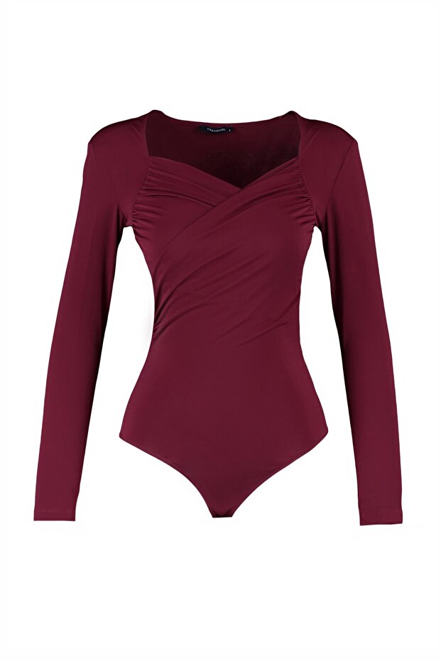 Bordo Vatkalı Drape Detaylı Fitted/Vücuda Oturan Esnek Çıtçıtlı Örme Body TWOAW22BD0156 - 8