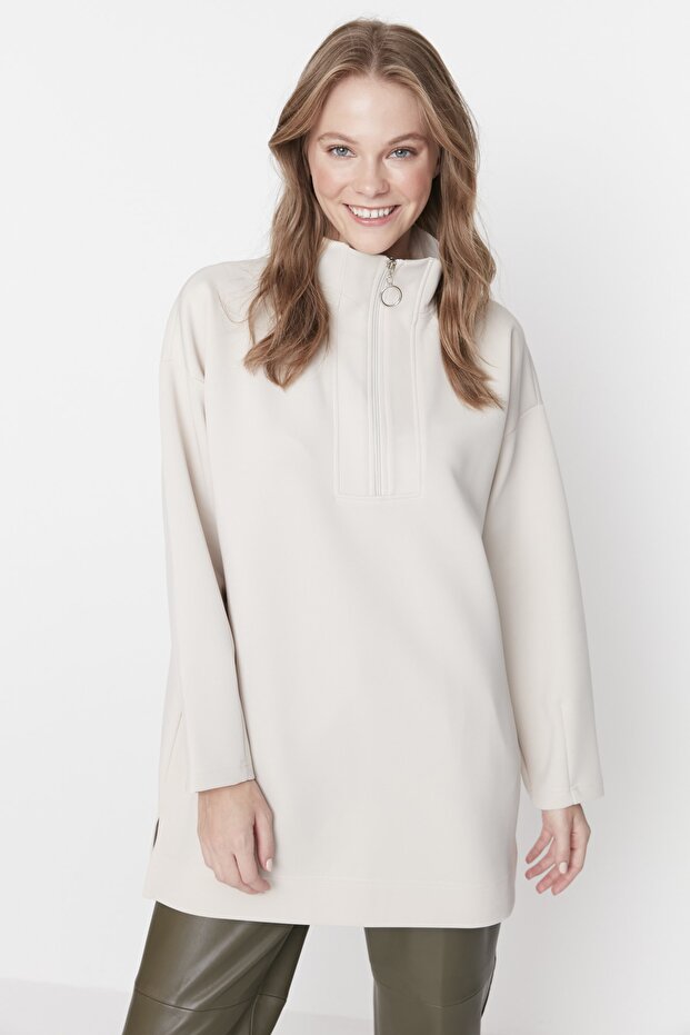 Taş Oversize Fermuar Detaylı Dalgıç/Scuba Örme Sweatshirt TCTAW23TW00198 - 1