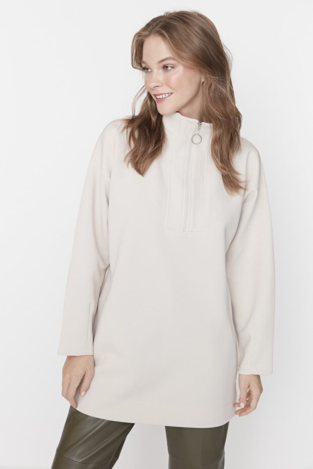Taş Oversize Fermuar Detaylı Dalgıç/Scuba Örme Sweatshirt TCTAW23TW00198 - 2