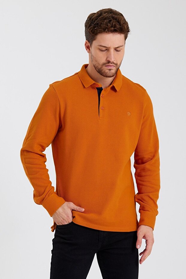 Men's Basic Polo Neck Long Winter Orange Sweatshirt - 1