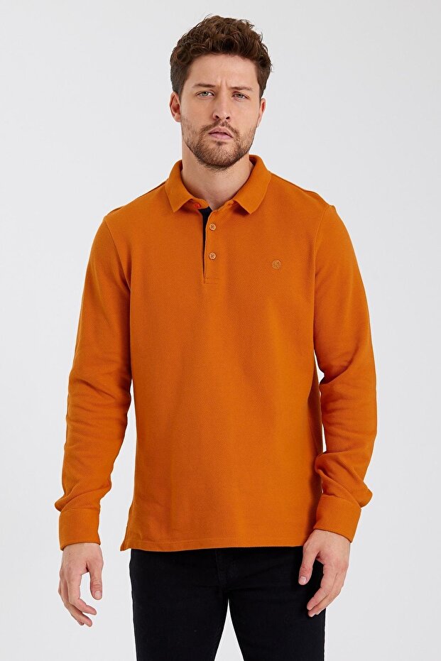 Men's Basic Polo Neck Long Winter Orange Sweatshirt - 4