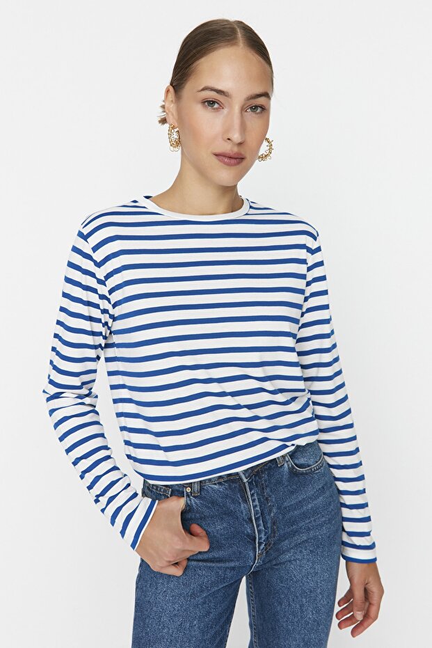 Lacivert Çizgili Regular/Normal Kalıp Basic Bisiklet Yaka Örme T-Shirt TWOAW23TS00002 - 3