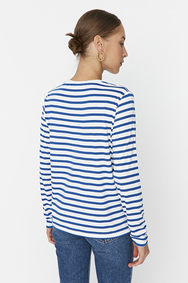 Lacivert Çizgili Regular/Normal Kalıp Basic Bisiklet Yaka Örme T-Shirt TWOAW23TS00002 - 5