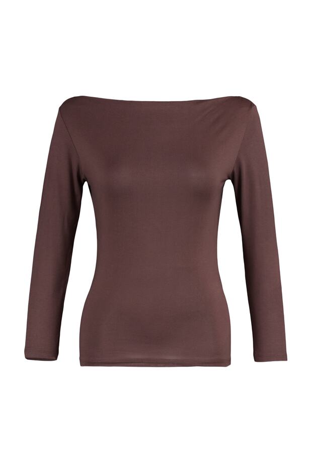 Kahverengi Fitted/Vücuda Oturan Uzun Kol Kayık Yaka Viskoz Esnek Örme Bluz TWOAW21BZ0106 - 6