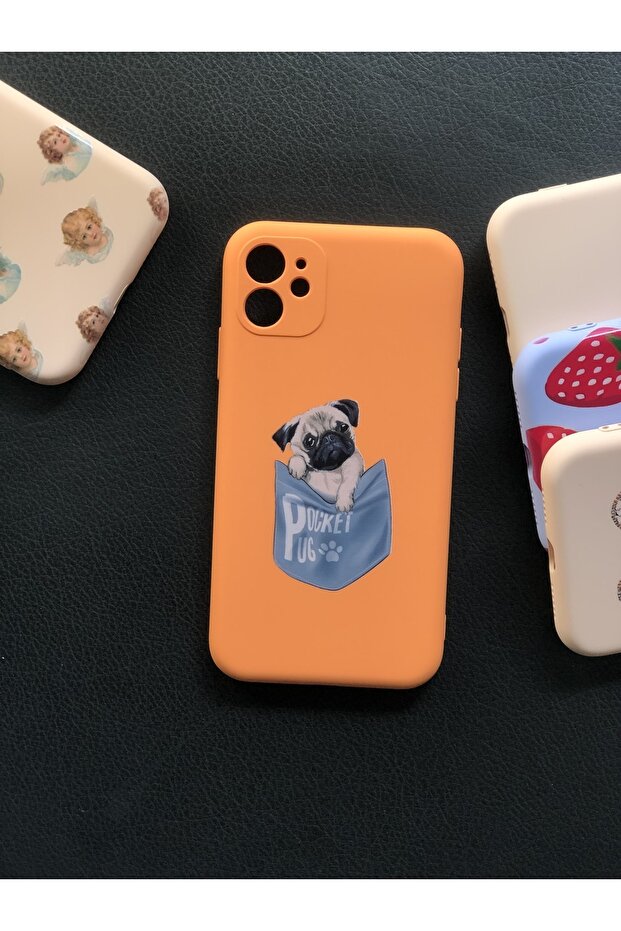حافظة إطلاق لهاتف آيفون 11 مع حماية للكاميرا وجيب بنمط برتقالي من الداخل من جلد الغزال - 1