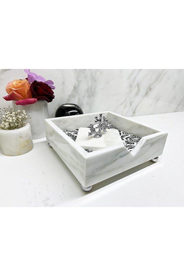 Doğal Mermer Peçetelik Gümüş Mercan Objeli - 5