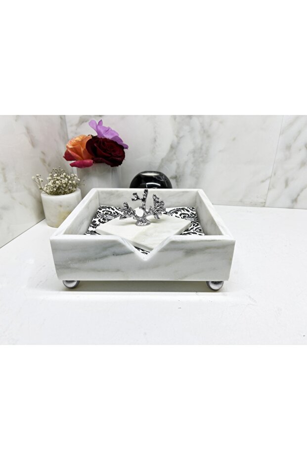 Doğal Mermer Peçetelik Gümüş Mercan Objeli - 6