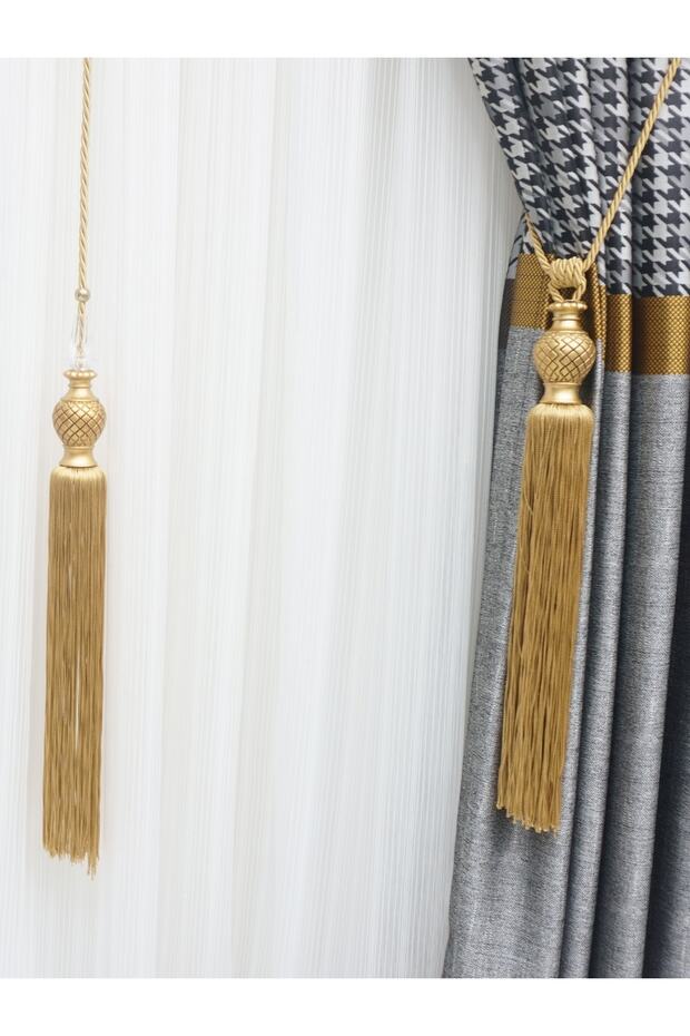 Fon Perde Tavan Bağlama Toplu Braçol Perde Seti Hardal - 1