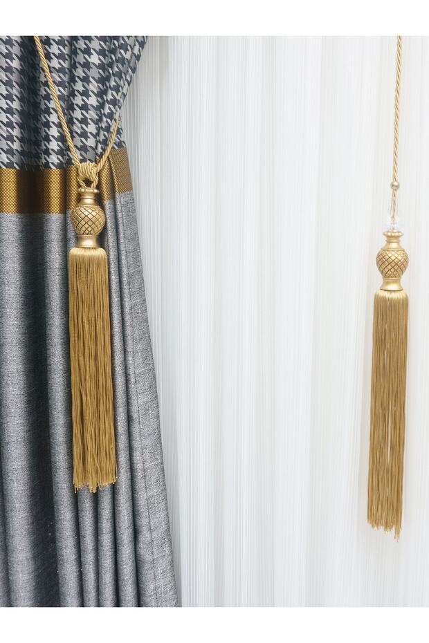 Fon Perde Tavan Bağlama Toplu Braçol Perde Seti Hardal - 2