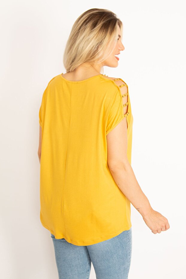 Bluză cu perle cu umăr muștar de mărime Plus pentru femei 65n34555 - 5