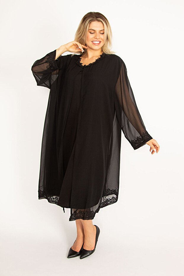 Damen-Abendkleid in großer Größe, schwarz, Chiffon, Cape, Spitze, detailliert, 65n34506 - 2