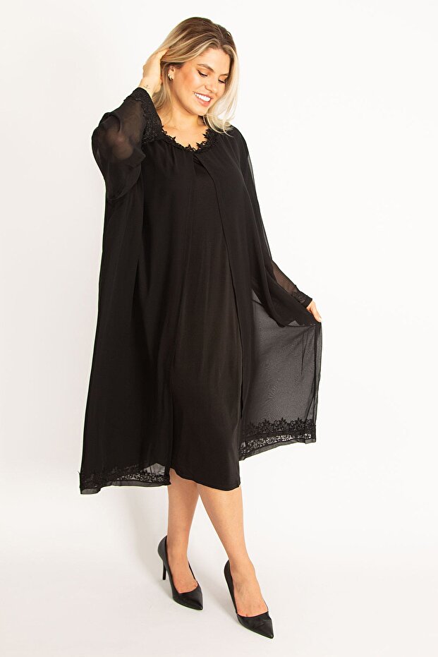 Damen-Abendkleid in großer Größe, schwarz, Chiffon, Cape, Spitze, detailliert, 65n34506 - 4