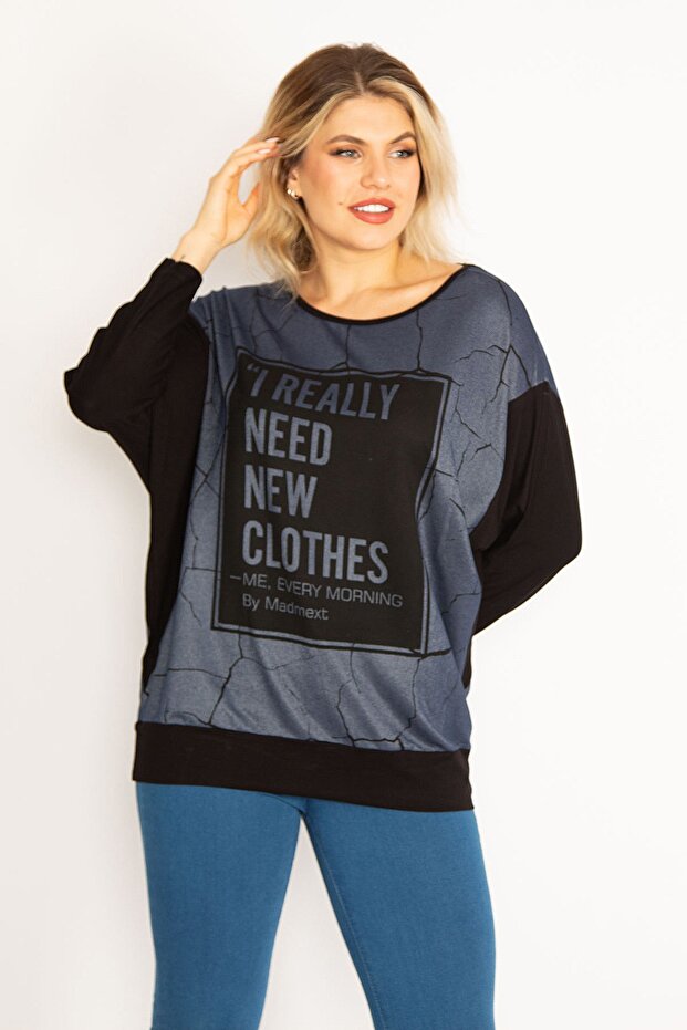 Women's Large Size Black Bat Sleeve Front Detailed Tunic 65n34638