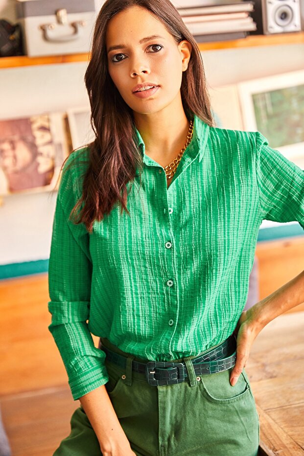 Women's Grass Green Jacquard Textured Woven Shirt GML-19001043