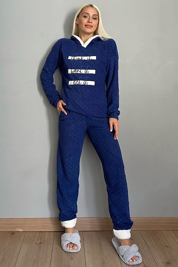 Lacivert Three Line Desenli Kapşonlu Peluş Polar Pijama Takımı - 6