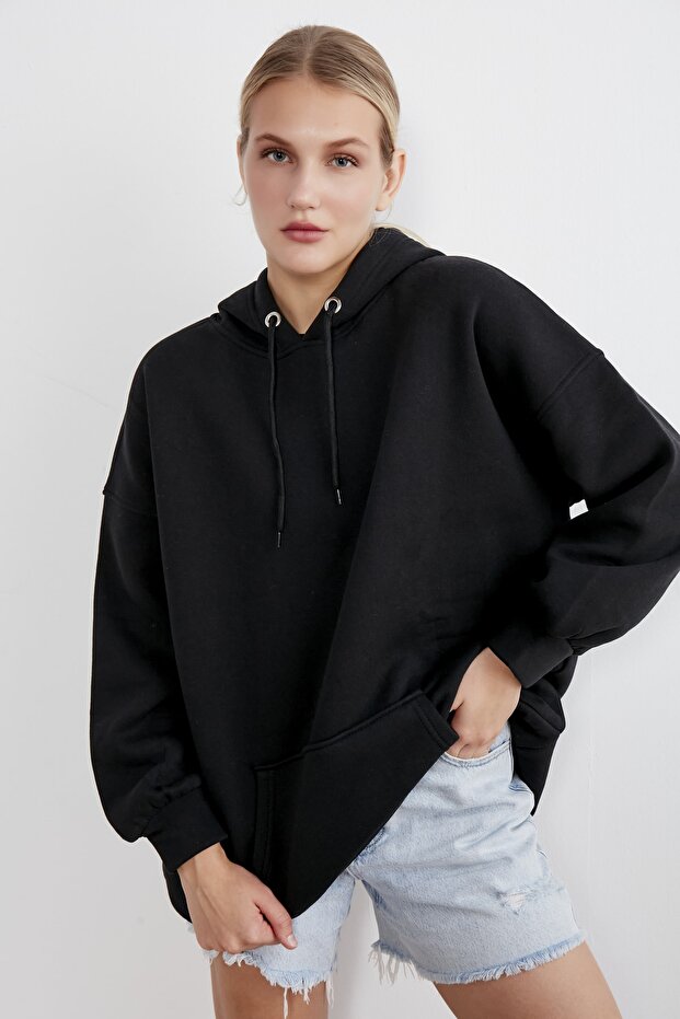 Women's Black Hooded Kangaroo Pocket Sweatshirt