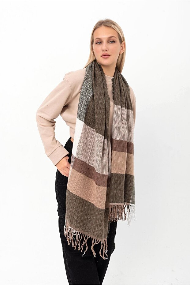 Soft Thick Shoulder Shawl with Herringbone Pattern - 1