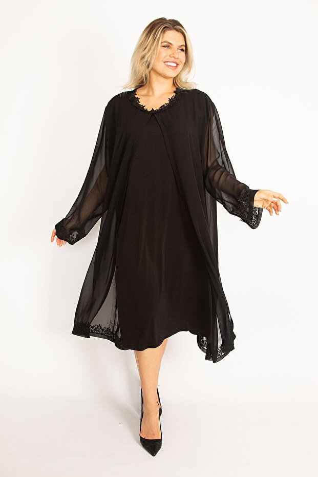 Damen-Abendkleid in großer Größe, schwarz, Chiffon, Cape, Spitze, detailliert, 65n34506 - 1