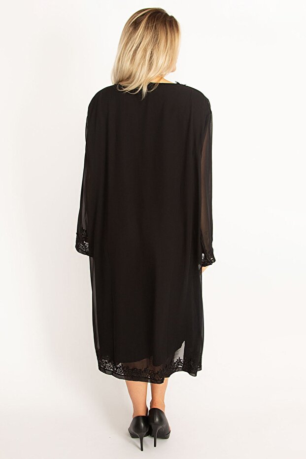 Damen-Abendkleid in großer Größe, schwarz, Chiffon, Cape, Spitze, detailliert, 65n34506 - 5