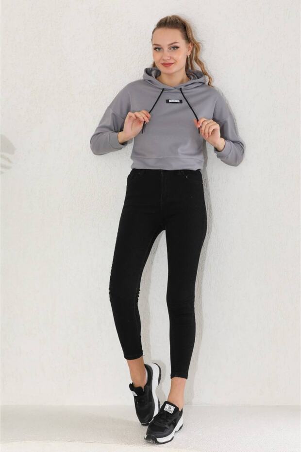 Women's Basic Gray Hooded Crop Sweatshirt, Long Sleeve Crop, 2 Thread Sweatshirt, Seasonal Crop
