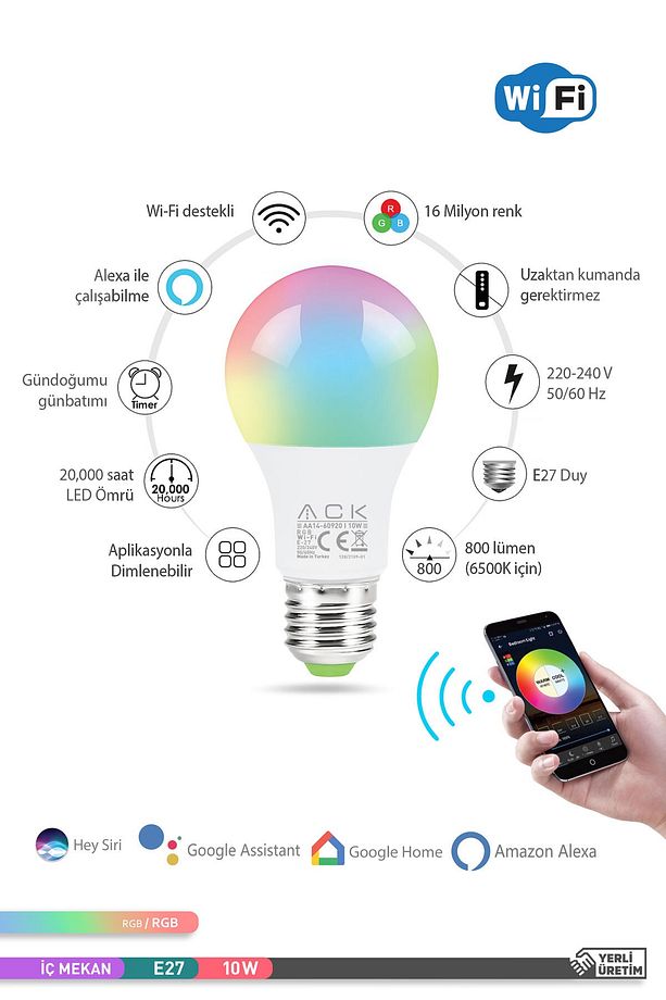 Wi-fi Led Rgb Ampul 10 W E27 Uzaktan Kontrollü Ayarlanabilir Akıllı Ampul(AYNI GÜN KARGO) - 5