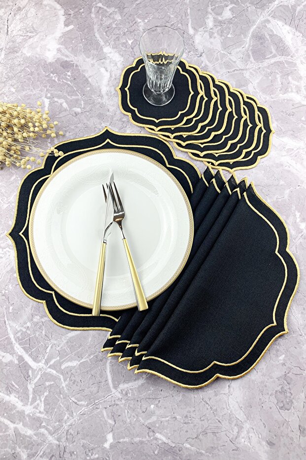 Black Color Gold Double Wrap Embroidered 12 Piece Set Placemat And Cocktail Napkin