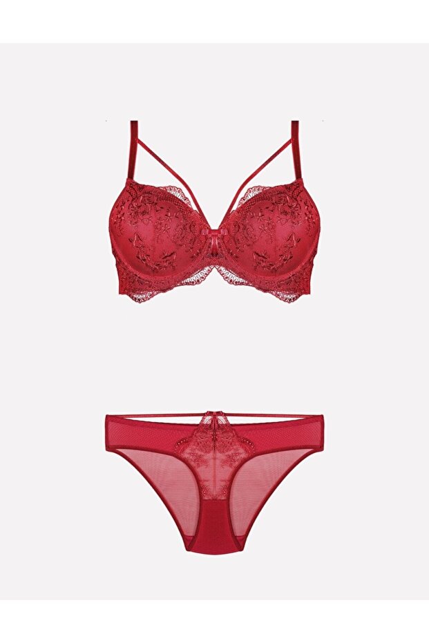Meba Women's Lace Detailed Unsupported Red Bra Set