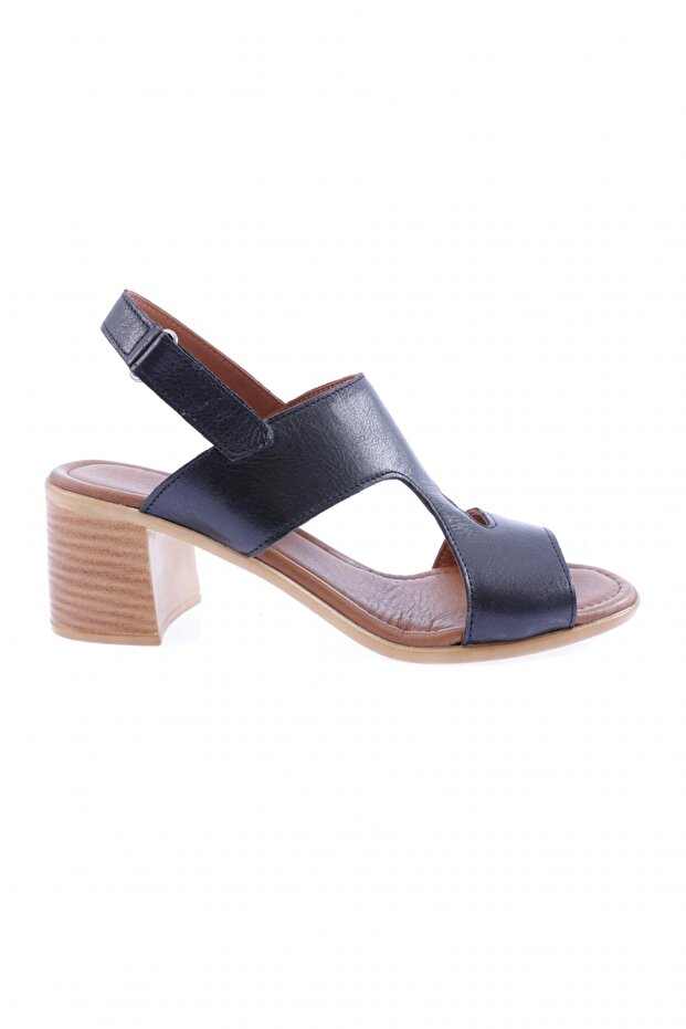 Women's Velcro Heeled Sandals Black Genuine Leather 32663244