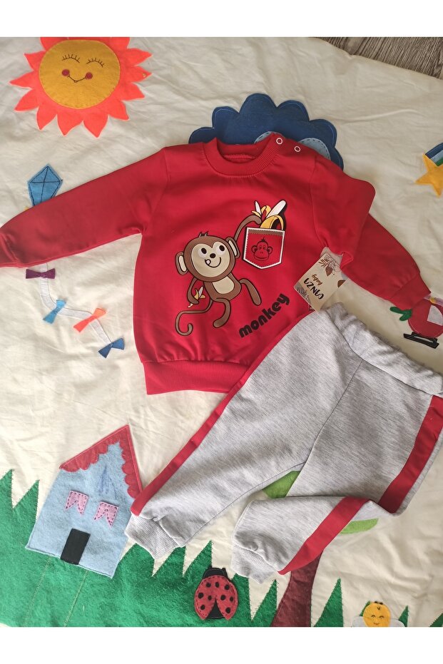 طقم قرد مجنون مكون من قطعتين باللون الأحمر - 4