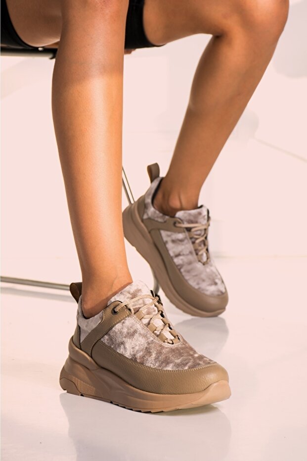 Beige - Velvet Wedge Sole Sneaker