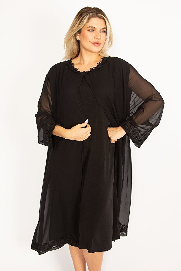 Damen-Abendkleid in großer Größe, schwarz, Chiffon, Cape, Spitze, detailliert, 65n34506 - 6