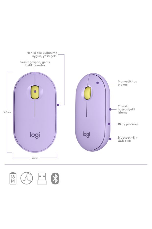 M350 Pebble Sessiz Kablosuz Kompakt Mouse - Lila - 6