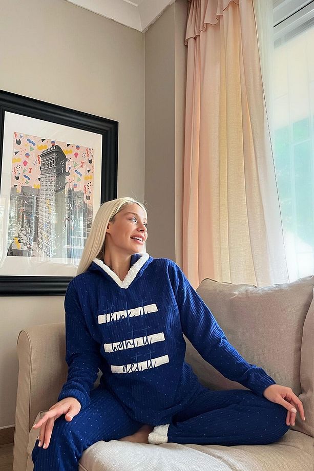 Lacivert Three Line Desenli Kapşonlu Peluş Polar Pijama Takımı - 4