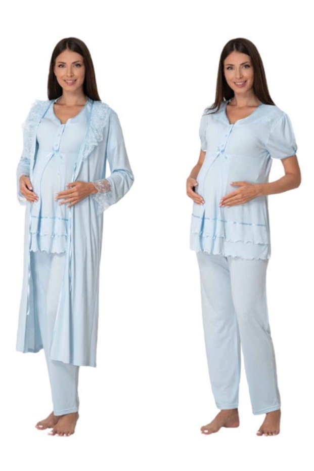 Women's Blue Maternity Pajama Set with Dressing Gown