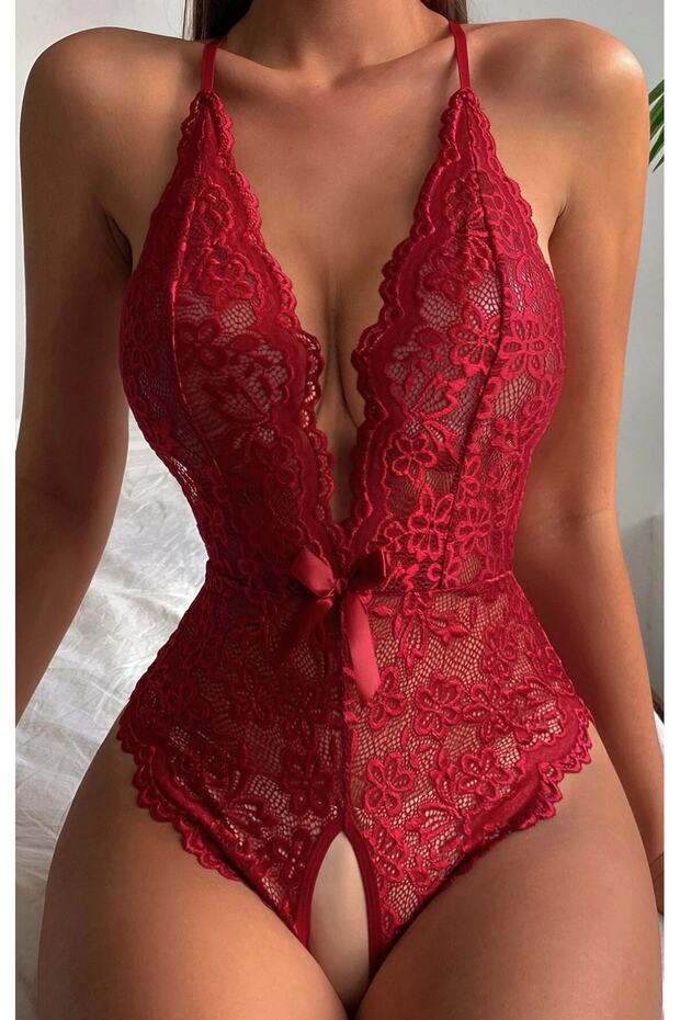 Kadın Kırmızı Dantelli Çapraz Askılı Gecelik - 4
