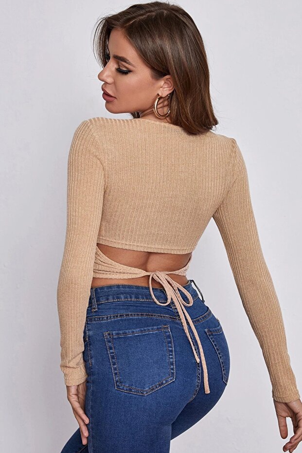 Kadın Krem Uzun Kollu Arkadan Bağlamalı Bluz - 2