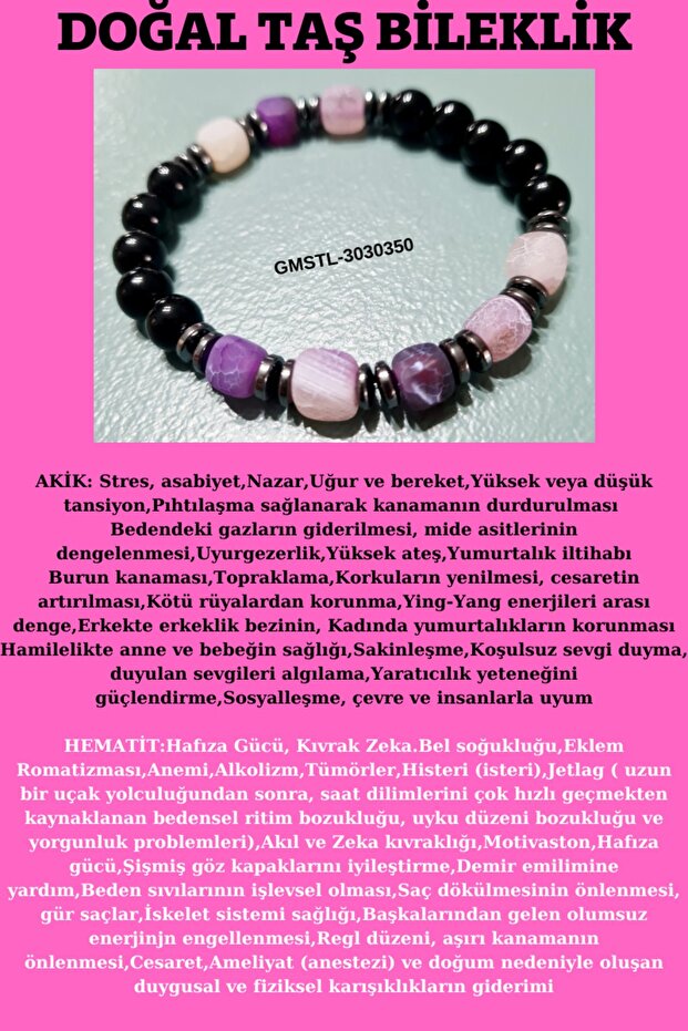 Certified Original Natural Stone Bracelet with Agate Hematite Surprise Gift