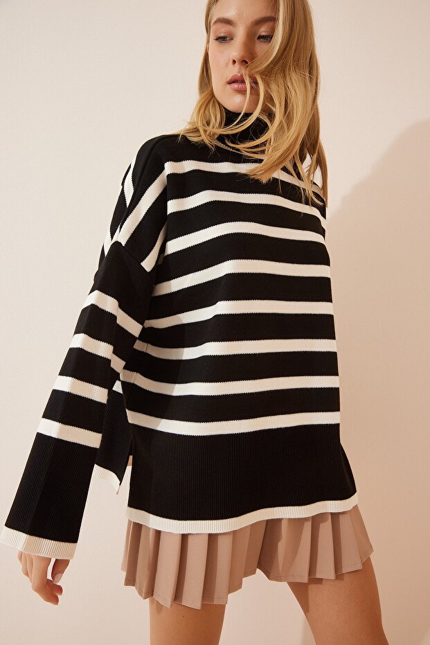 Women's Bone Black Turtleneck Oversize Striped Knitwear Sweater BV00014