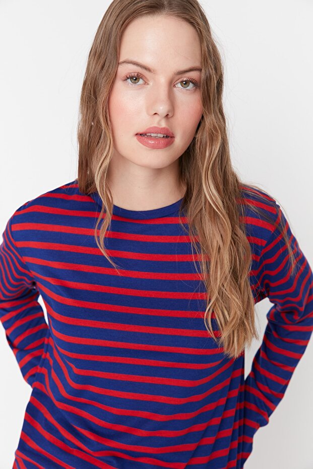Kırmızı-Lacivert Çizgili Regular/Normal Kalıp Basic Bisiklet Yaka Örme T-Shirt TWOAW23TS00002 - 5