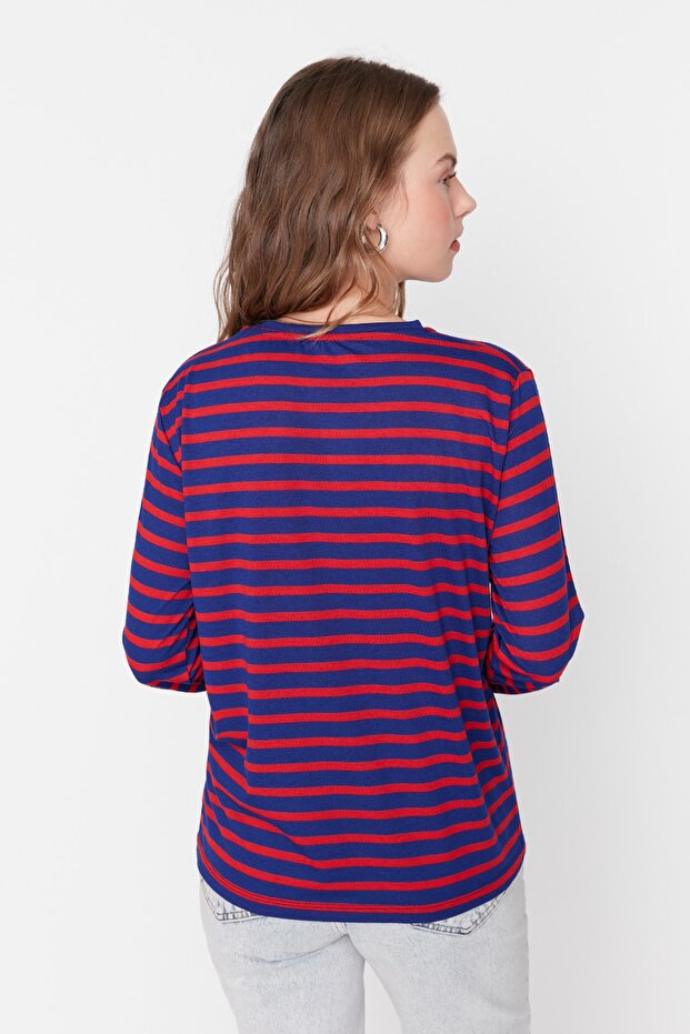 Kırmızı-Lacivert Çizgili Regular/Normal Kalıp Basic Bisiklet Yaka Örme T-Shirt TWOAW23TS00002 - 9