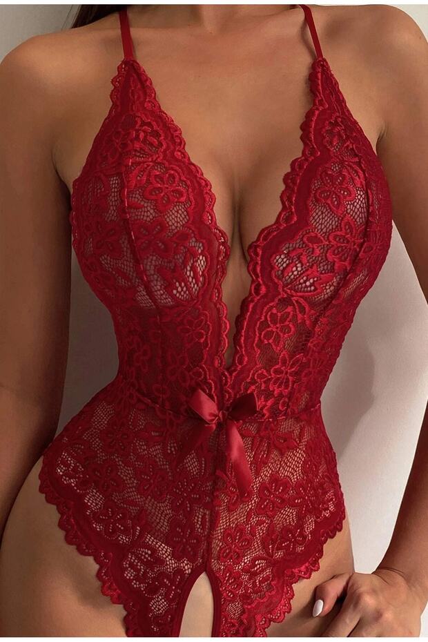 Kadın Kırmızı Dantelli Çapraz Askılı Gecelik - 1