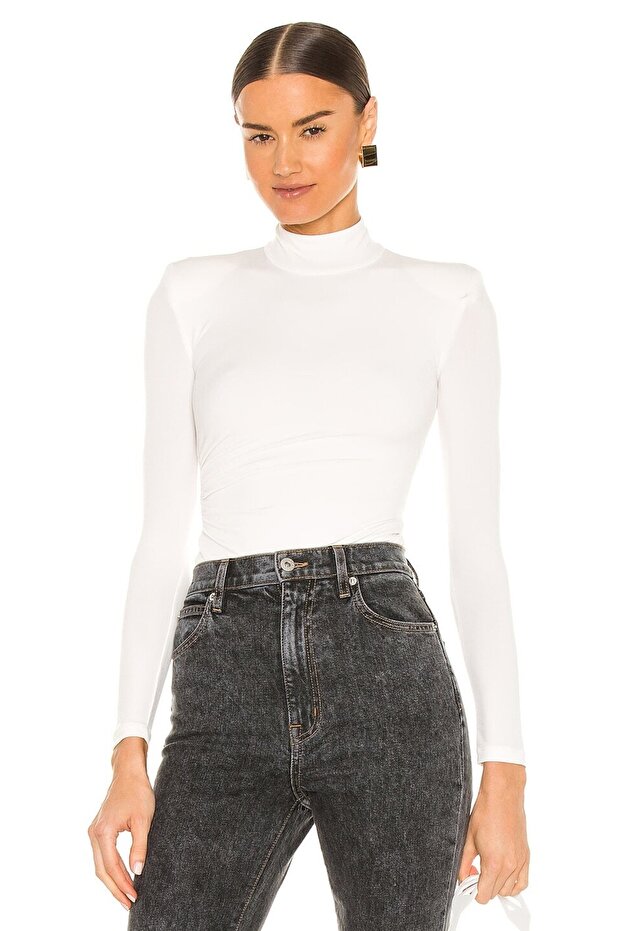 Women's White Half Turtleneck Side Gathered Jersey Bodysuit
