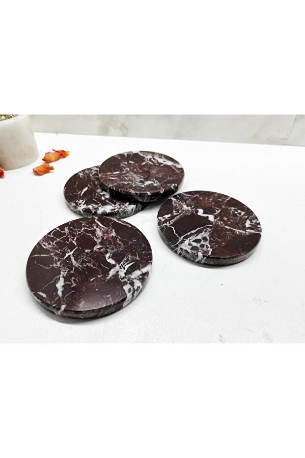 Natural Marble Coaster Set of 4 Round Red (Sour Cherry) Color Rosso Levanto