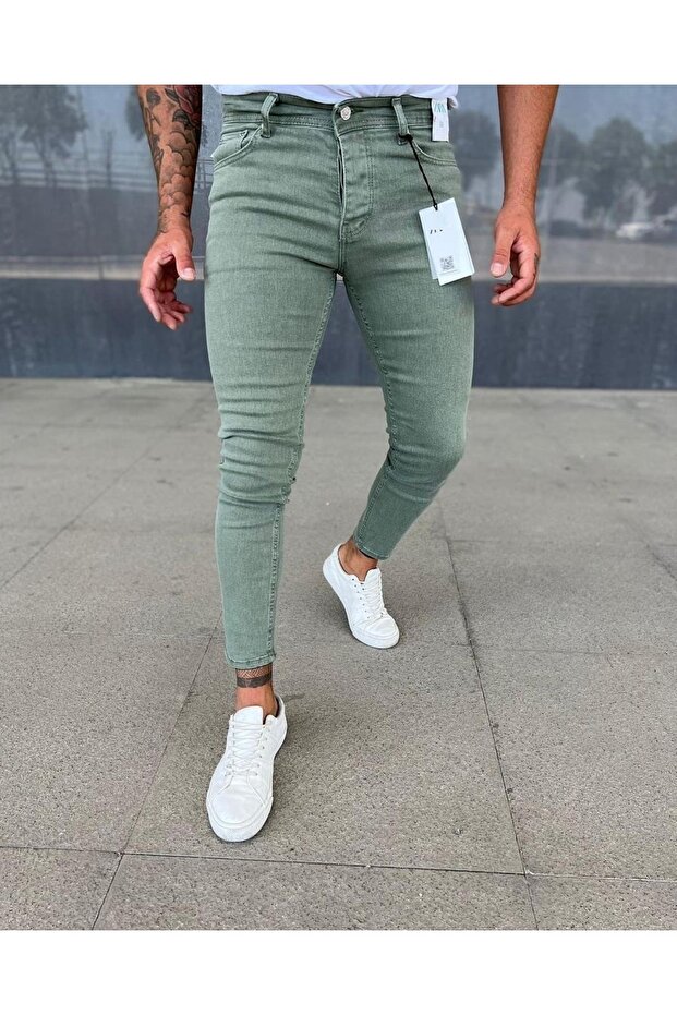 Men's Green Slim Fit Lycra Denim Pants Jeans Ankle Mold