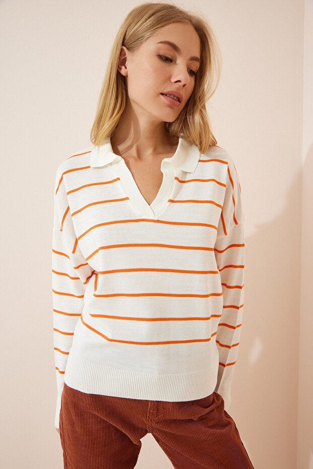 Damski sweter polo w pomarańczowe paski w kolorze ecru, sezonowy, z kołnierzykiem BV00012 - 2