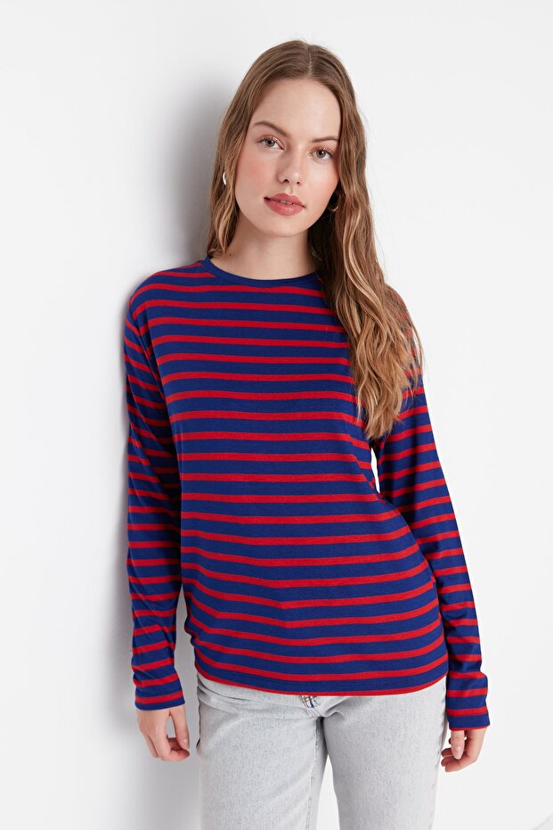 Kırmızı-Lacivert Çizgili Regular/Normal Kalıp Basic Bisiklet Yaka Örme T-Shirt TWOAW23TS00002 - 6
