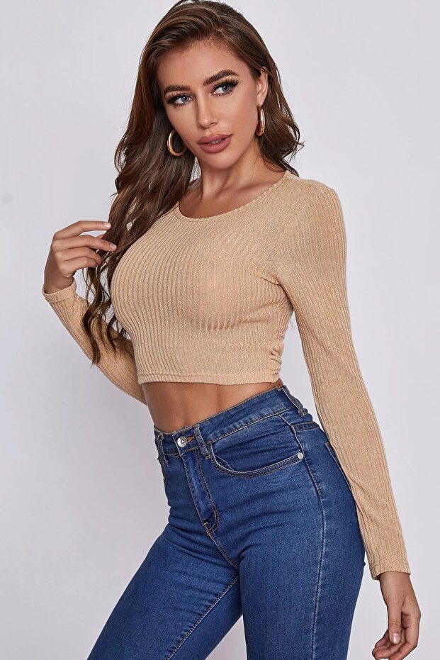 Kadın Krem Uzun Kollu Arkadan Bağlamalı Bluz - 5