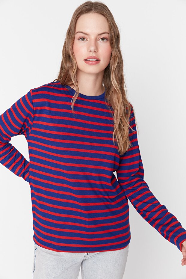 Kırmızı-Lacivert Çizgili Regular/Normal Kalıp Basic Bisiklet Yaka Örme T-Shirt TWOAW23TS00002 - 8