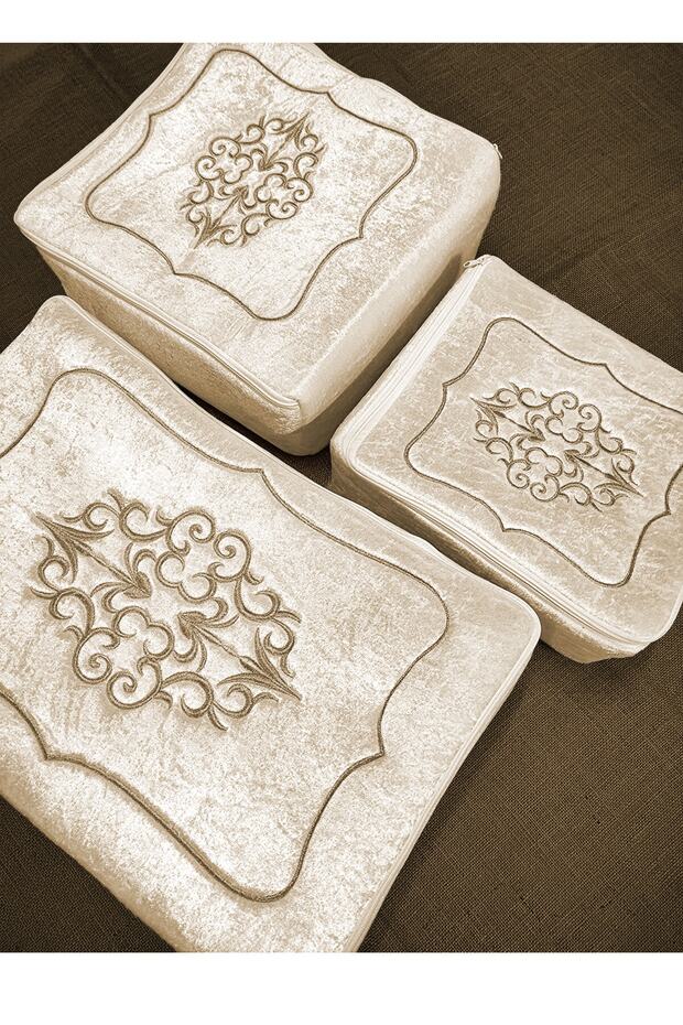 سرج خطوبة مخملي مطرز كابتشينو، سرج خطوبة مكون من 3 قطع، مجموعة حقائب زفاف - كابتشينو
